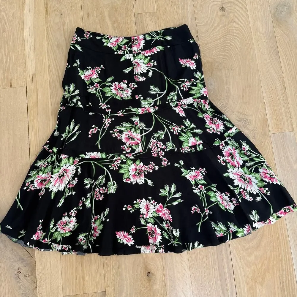 CAbi Black Floral Fit and Flare Ruffle Skirt SZ 6 Raw Edge Classy Classic Work